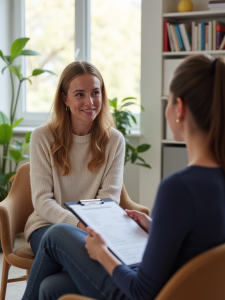 Eine Psychotherapeutin im Gespräch mit einer Patientin in einer hellen, freundlichen Praxis. Die Therapeutin lächelt einfühlsam, während sie einen diagnostischen Fragebogen durchgeht. Der Fokus liegt auf der professionellen Abklärung eines möglichen ADHS bei Erwachsenen.