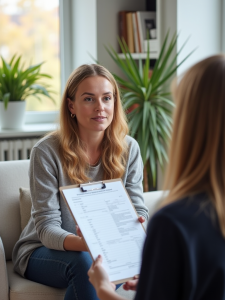 Eine Therapeutin mit offenem Blick führt ein strukturiertes Anamnesegespräch mit einer Frau. Im Vordergrund ist ein Fragebogen zur Erfassung von ADHS-Symptomen zu sehen. Die Szene vermittelt Vertrauen und Kompetenz.