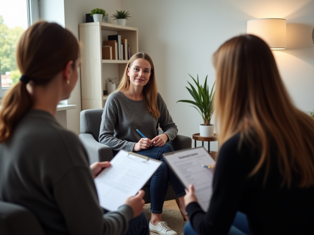 Eine Therapeutin führt ein ruhiges Gespräch mit zwei Patientinnen in einer modern eingerichteten Praxis. Im Vordergrund ist ein Fragebogen sichtbar, der für die ADHS-Diagnostik genutzt wird. Das Bild vermittelt ein professionelles Setting zur Abklärung von Neurodivergenz bei Erwachsenen.
