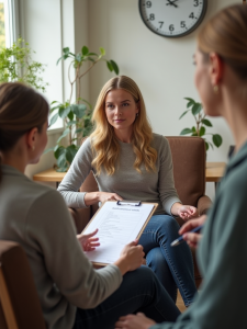 In einer hellen Therapiepraxis spricht eine Psychotherapeutin mit zwei Patientinnen, während ein strukturierter ADHS-Fragebogen besprochen wird. Die Szene zeigt Vertrauen, Konzentration und einen wertschätzenden Umgang mit neurodivergenten Themen.