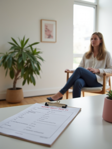 Im Vordergrund liegt ein Fragebogen mit dem Titel „ADHD Self Test“, im Hintergrund sitzt eine Frau nachdenklich auf einem Stuhl.