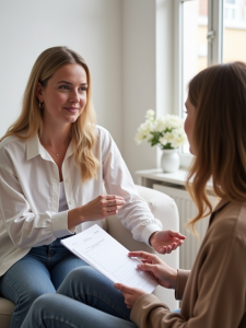 Eine Therapeutin in einem modernen Praxisraum hält einen Diagnosebogen und hört einer Patientin aufmerksam zu.