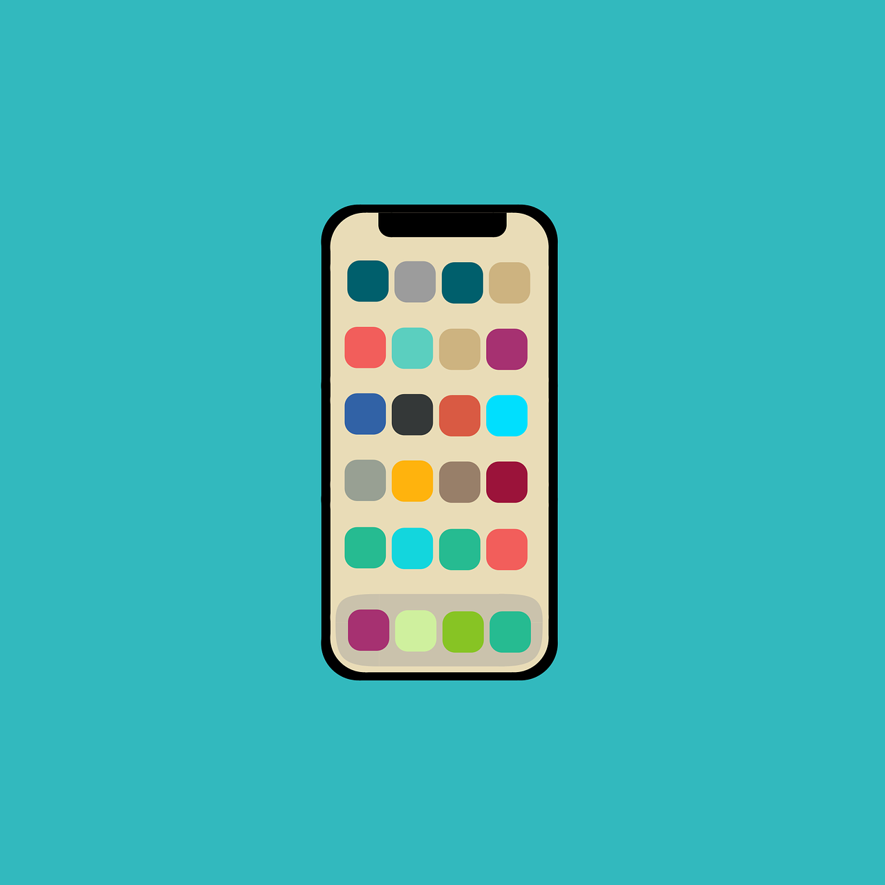 Ein stilisiertes Smartphone mit bunten App-Symbolen auf einem türkisfarbenen Hintergrund. Digitale Hilfsmittel wie Apps können Menschen mit ADHS Schweiz bei der Organisation und Alltagsstruktur unterstützen. Strukturierte App-Nutzung spielt eine zunehmend wichtige Rolle im ADHS-Management in der Schweiz.
