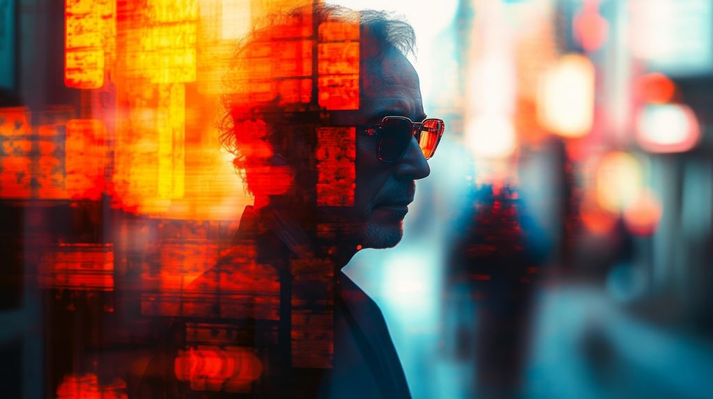 Ein Mann steht vor einer Kulisse aus grellen Lichtern und Farben – eine Reizüberflutung pur. Für Menschen mit ADHS kann eine solche Umgebung in der Schweiz schnell überfordernd sein. Der Kontrast zwischen Außenwelt und innerem Erleben wird hier visuell deutlich.