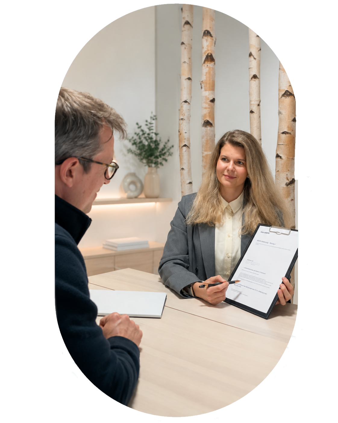Barbara Siskovicova von klaroADHS erklärt einem Patienten in einer modern eingerichteten Praxis die strukturierte ADHS-Abklärung. Das Bild zeigt die persönliche Beratung bei klaroADHS.ch und verbindet digitale ADHS-Therapie in der Schweiz mit einer ruhigen, professionellen Praxisatmosphäre.