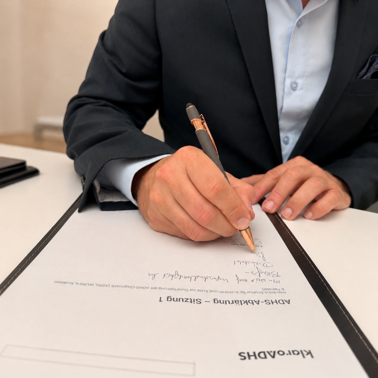 Detailaufnahme eines klaroADHS-Abklärungsbogens mit Stift und Klemmbrett während einer strukturierten ADHS-Diagnostik. Das Bild steht für fundierte Dokumentation, standardisierte Erhebung und sorgfältige Abklärung bei klaroADHS.ch.