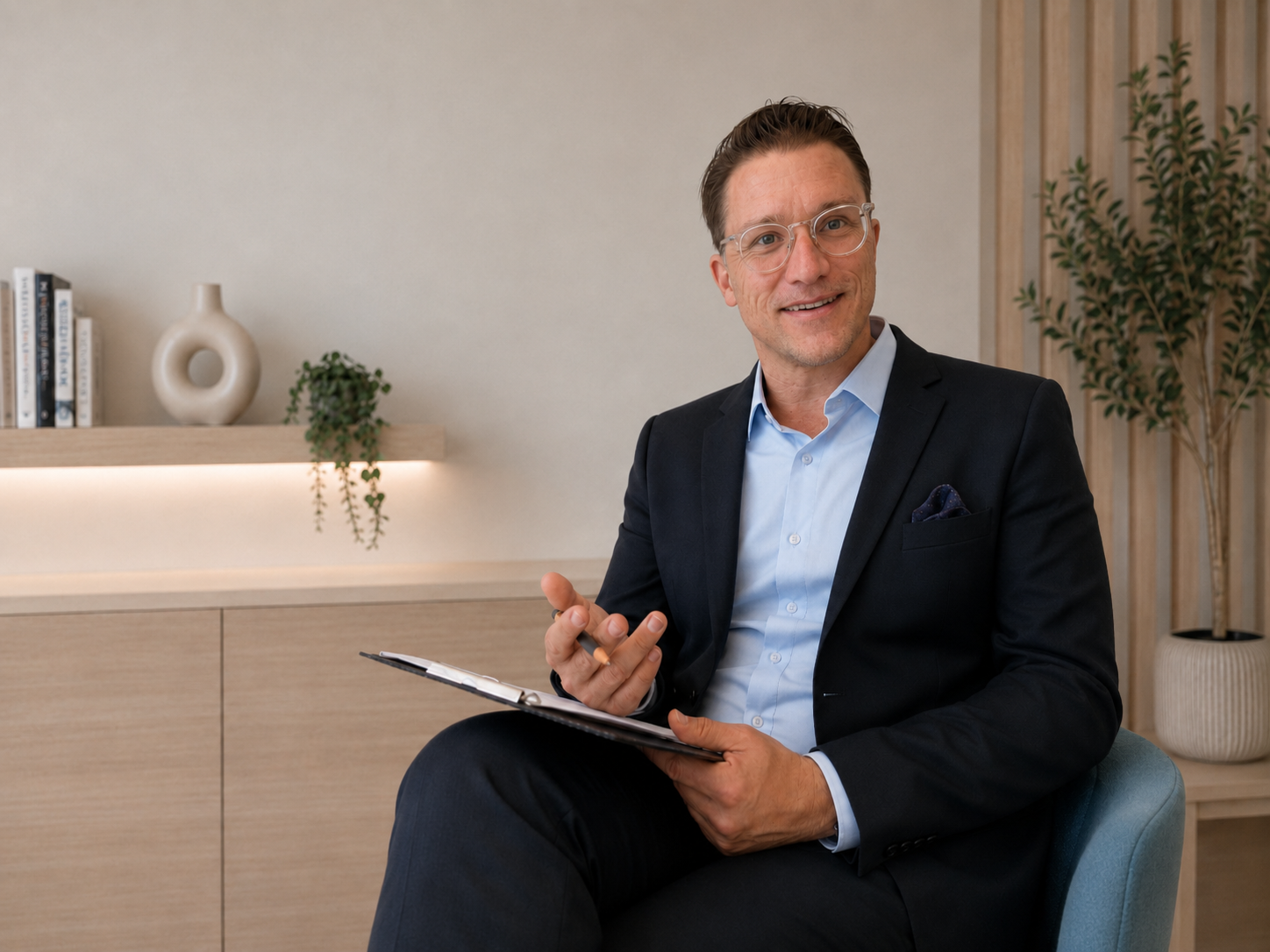 Dirk von klaroADHS sitzt in einem ruhigen, scandi-schick eingerichteten Beratungsraum mit Klemmbrett und Stift. Das Bild vermittelt die professionelle und persönliche Begleitung bei ADHS-Abklärung und ADHS-Therapie in der Schweiz.