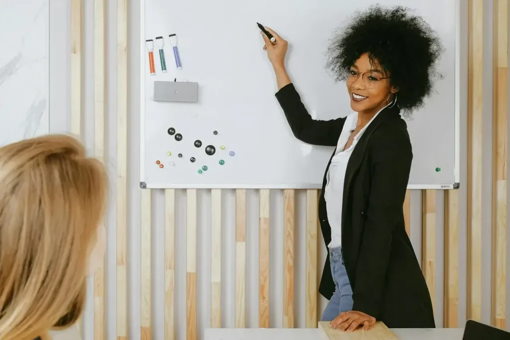 Coach erklärt an einem Whiteboard Strategien für den Alltag