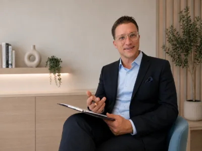 Dirk von klaroADHS sitzt in einem ruhigen, scandi-schick eingerichteten Beratungsraum mit Klemmbrett und Stift. Das Bild vermittelt die professionelle und persönliche Begleitung bei ADHS-Abklärung und ADHS-Therapie in der Schweiz.