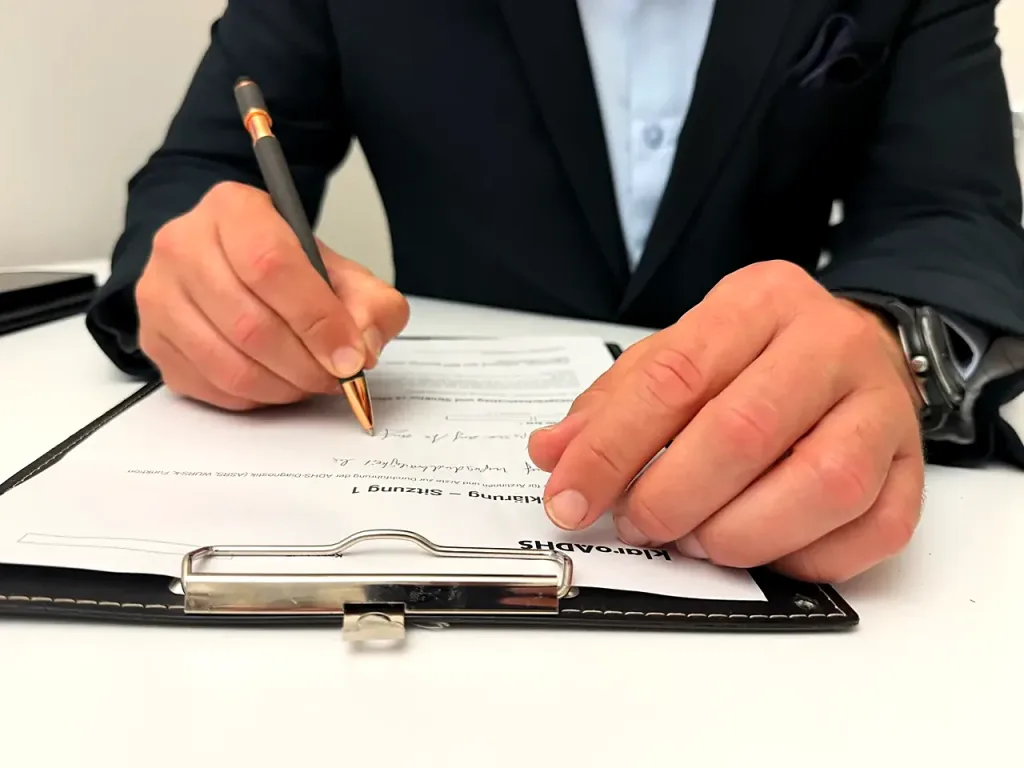 Arzt füllt in der klaro ADHS Praxis einen Fragebogen auf einem Klemmbrett aus